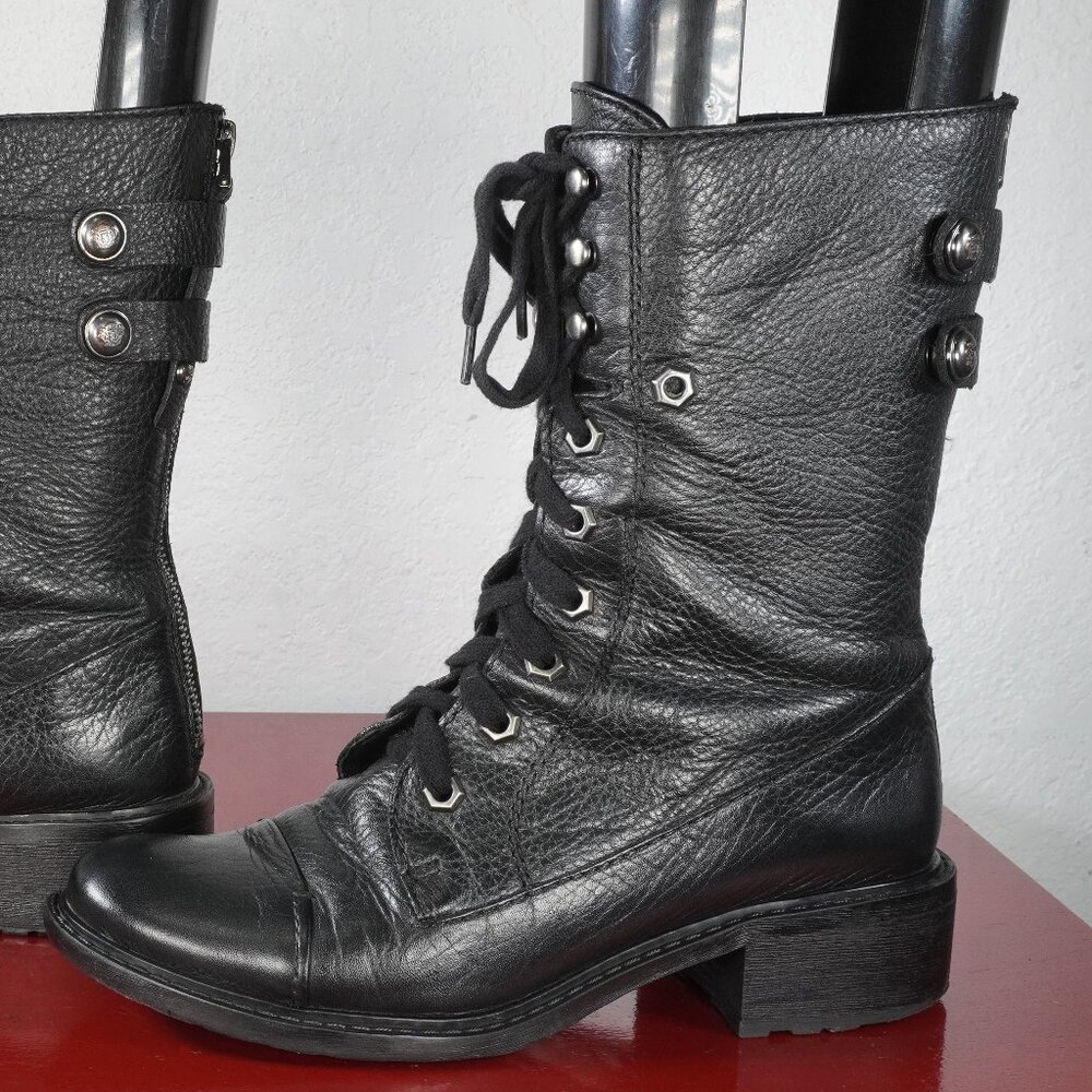 Women's Sam Edelman Black Leather Mid-Calf Ankle Grunge Combat Boots 7 7.5